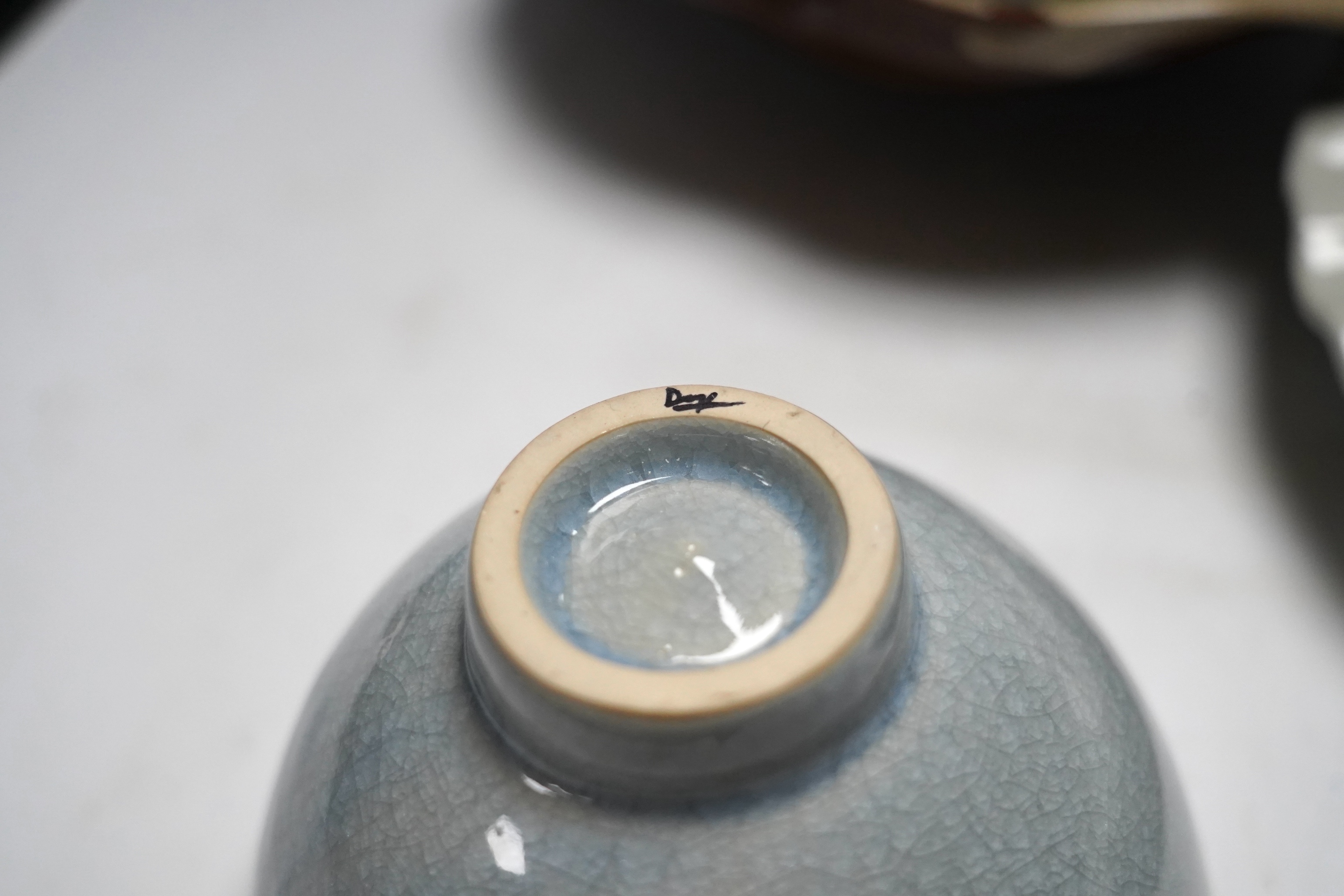 A Raku ware pottery vase, a Leiard dish, a dish and a grey glazed vase, Raku vase 17.5cm high